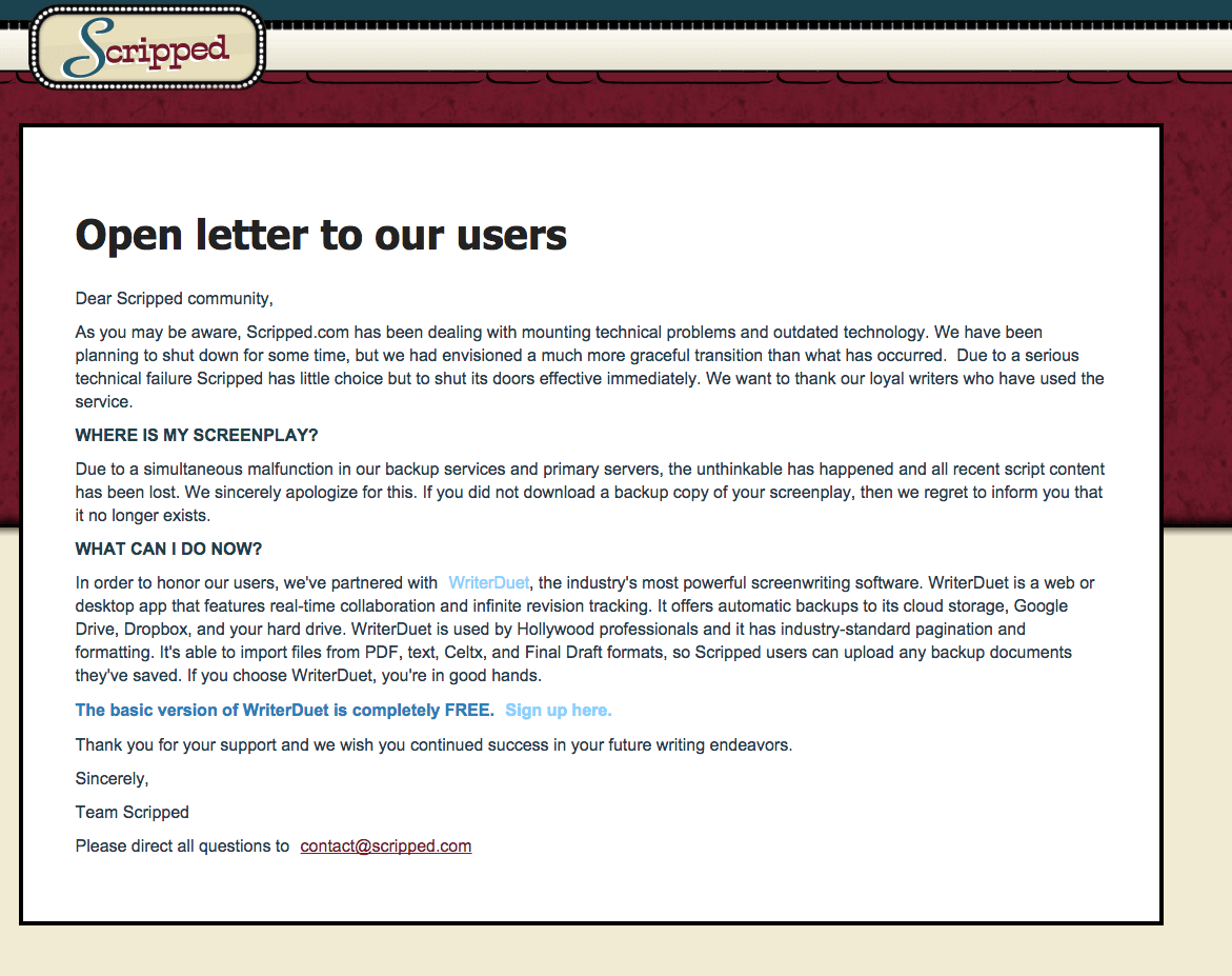 Scripped closes down after losing hundreds of users' screenplays, early 2015. Redirects customers to Writer Duet.