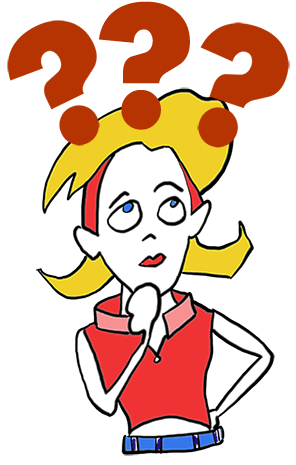 Script girl cartoon with question marks over her head