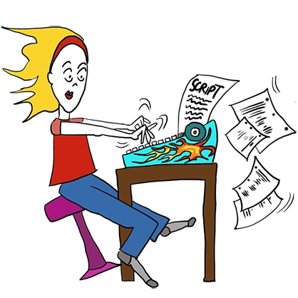 cartoon of a woman screenwriter typing on a hot-rod style typewriter with flames on its side churning out pages quickly with the wind blowing back her hair