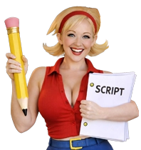 a comically and obviously AI-created buxom and smiling human version of the screenplay readers script reader logo holding a pencil and script like statue of liberty